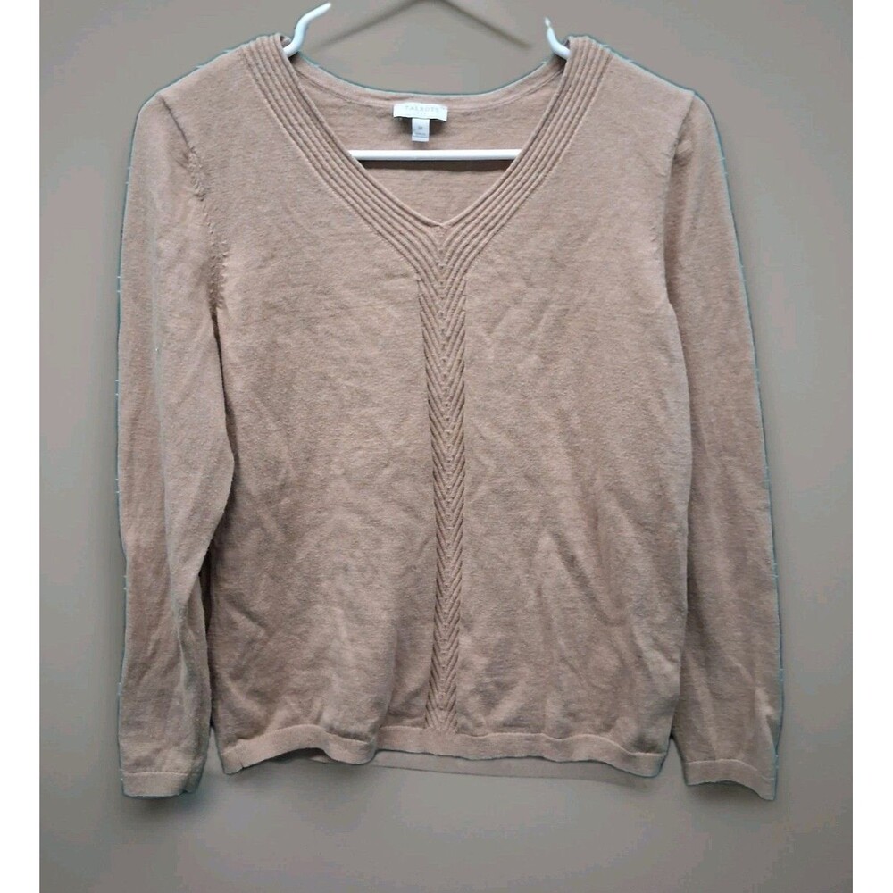 Talbots long sleeve V-neck Top Blouse Tan size Medium Embroidered